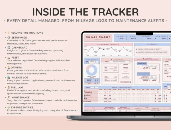 Vehicle & Mileage Tracker Log with Expenses, Fuel, Maintenance Tracker, and Mileage Calculator | Business Spreadsheet for Google Sheets - Image 9