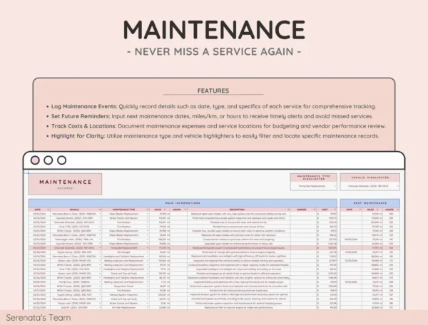 Vehicle & Mileage Tracker Log with Expenses, Fuel, Maintenance Tracker, and Mileage Calculator | Business Spreadsheet for Google Sheets - Image 4