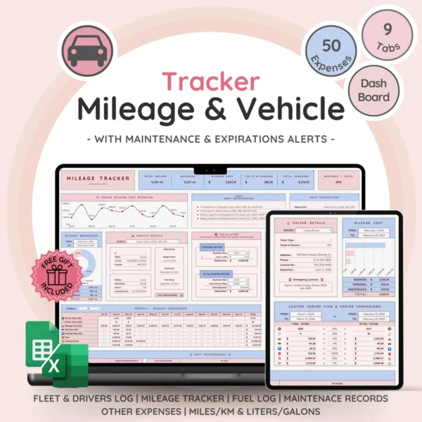 Vehicle & Mileage Tracker Log with Expenses, Fuel, Maintenance Tracker, and Mileage Calculator | Business Spreadsheet for Google Sheets