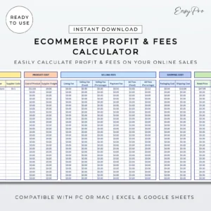 Ecommerce Product Profit & Fees Calculator Spreadsheet | Easy Ready to Use Template | Simple Digital Sales Planner | Excel | Google Sheet