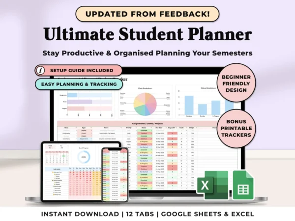 Academic Student Planner Spreadsheet School Assignment Tracker