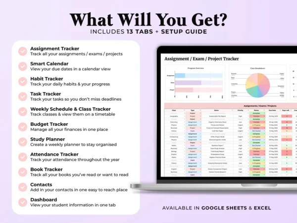 Academic Student Planner Spreadsheet School Assignment Tracker - Image 2